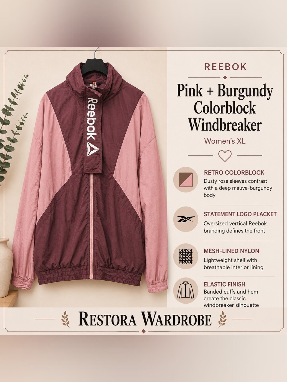 Reebok 90s Style Colorblock Windbreaker Pink Burgundy Gorpcore XL